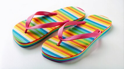 Brightly striped flip flops resting on a pristine white surface, embracing the spirit of summer. Their colorful design