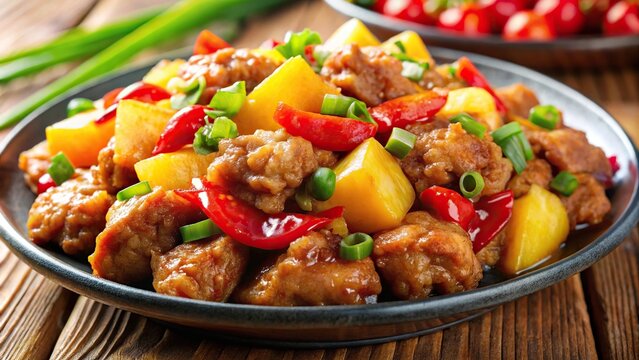 Close-up of sweet and sour sauced deep fried pork with chopped pepper and pineapple