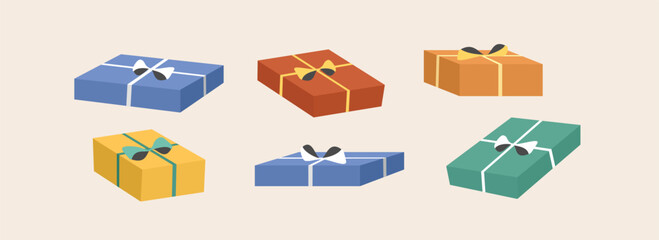 Gift box illustration. Collection of christmas presents. Colorful gift boxes with bows and ribbon. Present gift box. Set of cute gift box. Birthday gift. Valentine gift. mother day present.