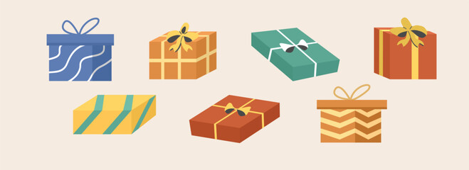 Gift box illustration. Christmast gift box. Colorful gift boxes with bows and ribbon. Present gift box. Cute gift box. Birthday gift. Valentine gift. mother day present.