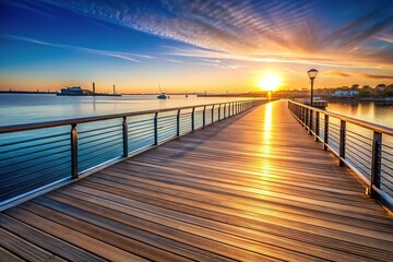 Obraz premium Close-up of the river promenade and wharf at sunrise