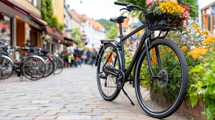 Fototapeta premium Black Bicycle with Flowers in Basket Parked on Cobblestone Street