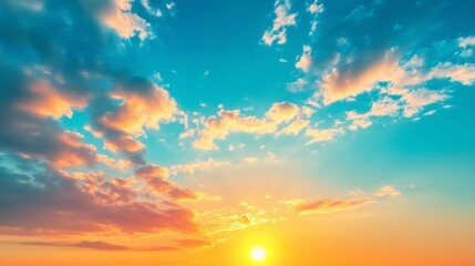 Fototapeta premium As the sun dips below the horizon, the sky transforms into a canvas of vivid oranges, pinks, and blues, with delicate clouds adding to the serene atmosphere. Generative AI