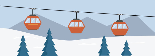 Ski lift transportation. Cable car in the winter. Winter hill with cable car. Winter landscape. Ropeway illustration. Gondola lift. Cable car system. Mountain transportation. Ski lift illustration.  © Hayclaw Here