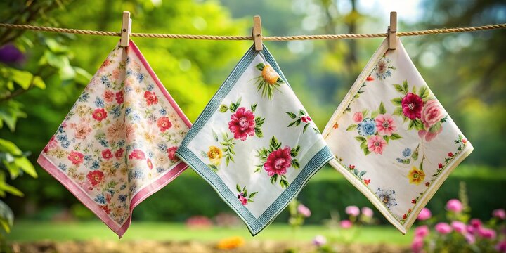 Close-Up of three handkerchiefs with floral pattern hanging on exterior