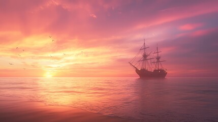 Majestic Pirate Ship Silhouetted Against Vibrant Sunset over Calm Ocean with Flying Seagulls and Gentle Waves - Ultra-Detailed Seascape Photography
