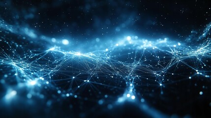 Abstract network of glowing blue particles in a dark space connected by lines. Generative AI