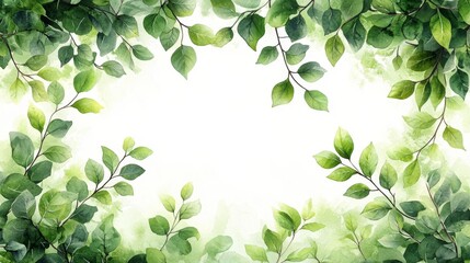 Lush green leafy branches forming a natural frame on a white background. Generative AI