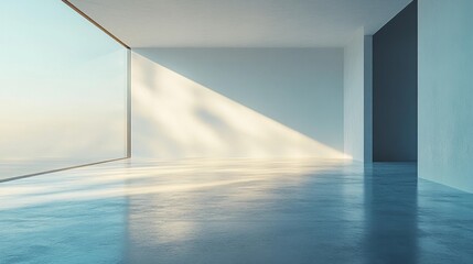 Fototapeta premium Minimalist architectural space with large windows and soft ambient lighting. Generative AI