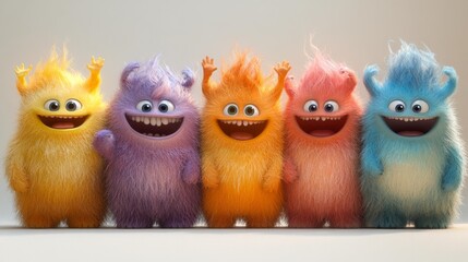Cute Colorful Furry Monsters Standing in a Row Smiling with Raised Hands. Generative AI