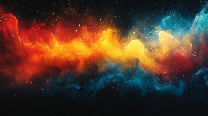 Naklejka premium Dynamic cosmic cloud of vibrant red orange and blue hues blending seamlessly across a dark space background. Generative AI