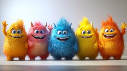 Fototapeta premium Colorful Cartoon Monsters Waving Happily Bright and Playful Characters. Generative AI