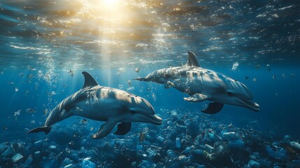 Fototapeta premium Two dolphins swimming underwater surrounded by plastic waste in a polluted ocean illuminated by rays of sunlight from the surface. Generative AI