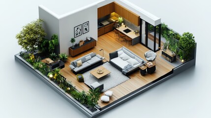 isometric view of a modern apartment interior, featuring a single-floor layout. The design includes a stylish living room with furniture, a accent wall, and an open-plan kitchen and a dining area.