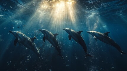 Fototapeta premium Underwater scene of dolphins swimming in a sunbeam with particles in the water. Generative AI