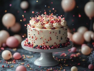 festive birthday party setting adorned with colorful balloons, a decadent cake, and scattered confetti, radiating joy and celebration