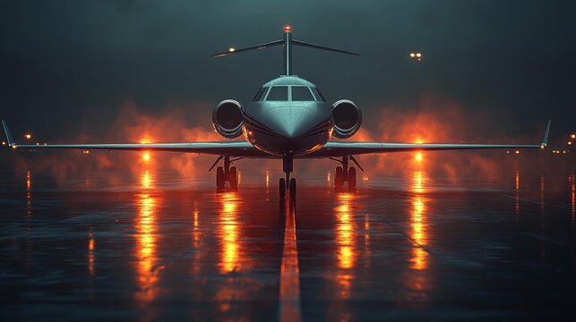 Private Jet on Rainy Runway with Dramatic Lighting and Reflections Powerful Evening Departure Scene. Generative AI