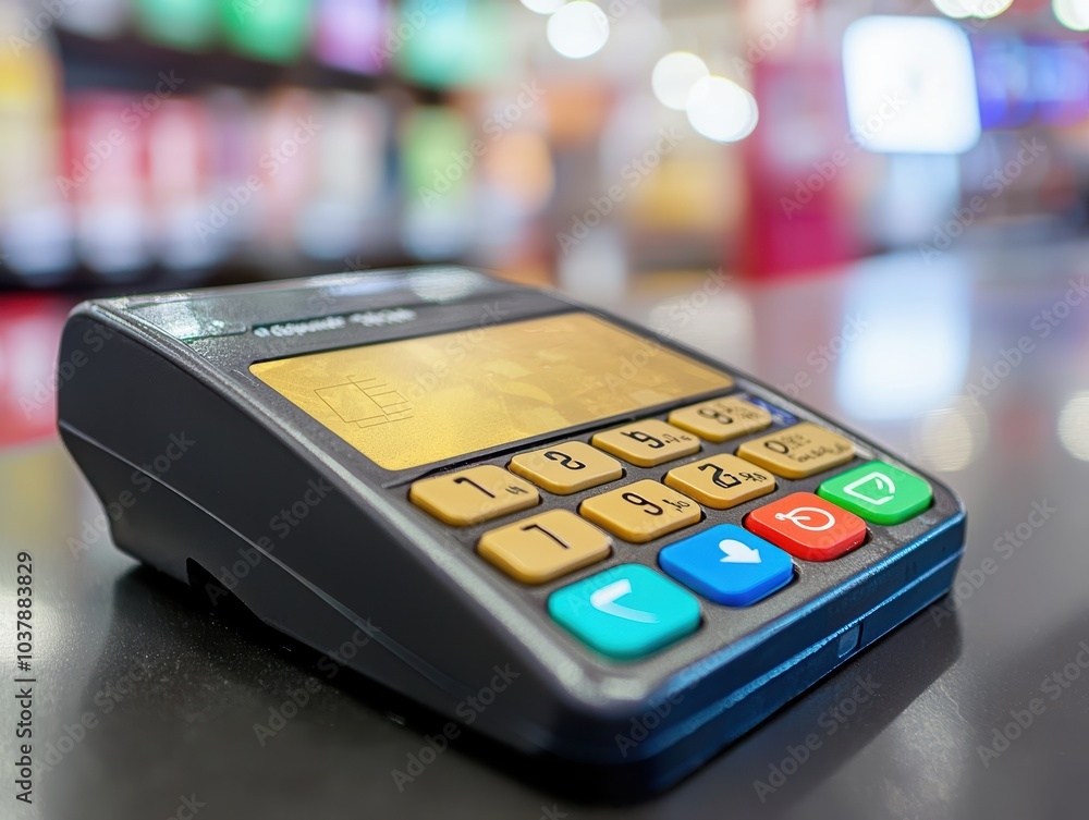 Poster modern payment terminal on a countertop with colorful background out of focus