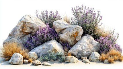 Rocky Desert Scene with Purple Wildflowers Growing Among Stones. Generative AI