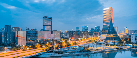 Night View of Skyline Architecture in Chengdu, Sichuan, China, European Central City © Govan