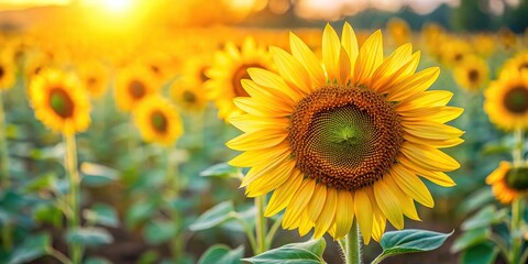 Close-up of vibrant aerial sunflower surrounded by blurred sunflowers