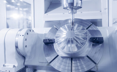 Producing turbine wheel and blades part with CNC drill machine five axis lathe. Concept modern technology for industry