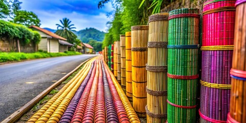 Close-up of vibrant bamboo tube rice on countryside street