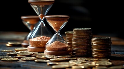 Time and money concept featuring hourglasses with copper sand and stacked golden coins. Generative AI