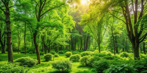 Close-up of vibrant green trees and bushes in a lush summer forest
