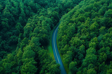 Aerial View of Winding Road Through Lush Green Forest