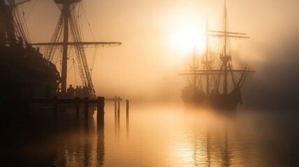 Fototapeta premium Ghostly Pirates: Haunting Fog Creeps into Harbor at Dawn with Shadowy Figures and Creaking Docks