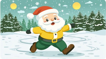 Jolly Santa Claus Running Through Snowy Forest
