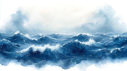 Watercolor ocean waves illustration with dramatic splashes and a cloudy sky backdrop. Ideal for marine art sea and nature themes. Generative AI