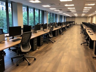 Modern Office Space with Rows of Workstations and Large Windows Offering Natural Light