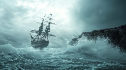 Obraz premium Epic Pirate Ship Sailing Through Treacherous Cliffside Waters with Dramatic Waves and Stormy Skies - Ultra-Detailed Adventure Photography