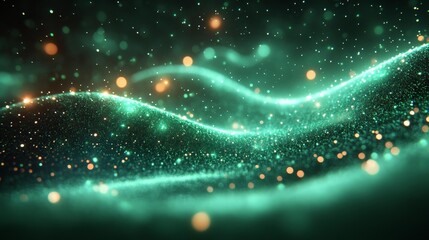Abstract green digital landscape with glowing fiber-optic strands and particles. Generative AI