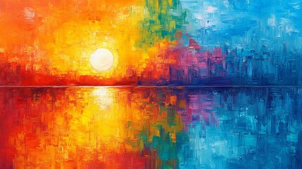 Abstract Sunset Painting with Water Reflection  Colorful Sky  Seascape Art