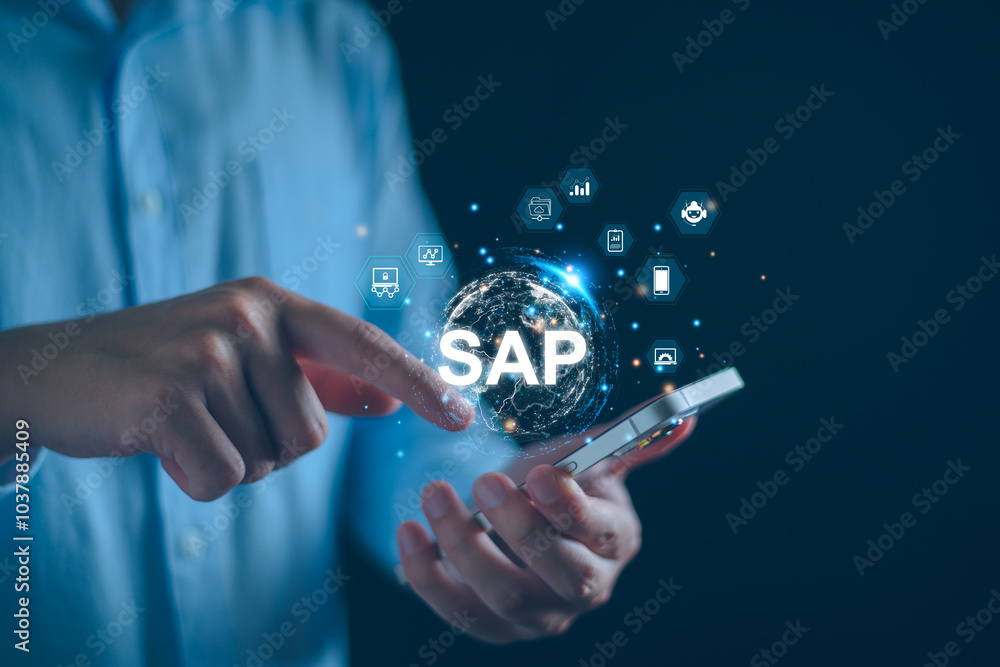 Poster sap system application products. business process automation and management software concept. busine