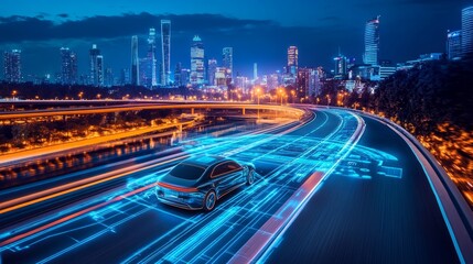 A futuristic car navigates smoothly along a smart road, with interactive holographic displays updating speed and route in a vibrant night city environment