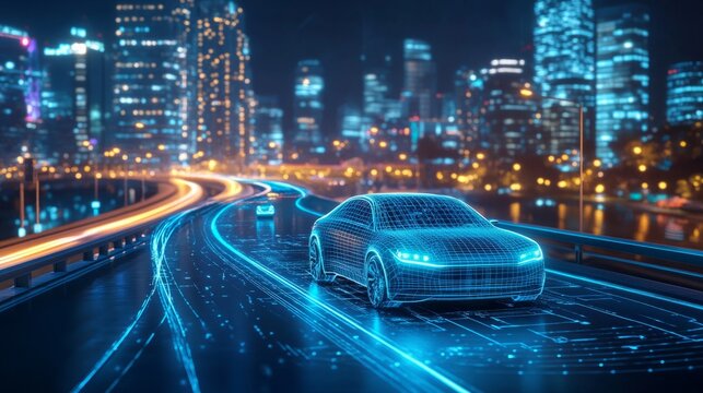 A futuristic car navigates smoothly along a smart road, with interactive holographic displays updating speed and route in a vibrant night city environment