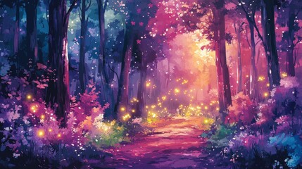 Obraz premium Magical Forest Path With Glowing Lights And Sunbeams