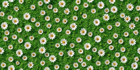 Close-up whispering petal serene seamless texture background with scattered white flower on a green lawn