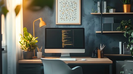 6. Stylish workspace featuring a computer and motivational wall art