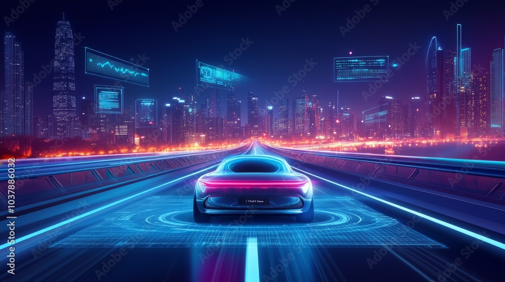 Poster ai-driven car on a futuristic road, with interactive floating displays showing route tracking, speed