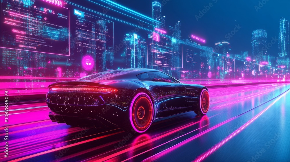 Poster ai-driven car on a futuristic road, with interactive floating displays showing route tracking, speed