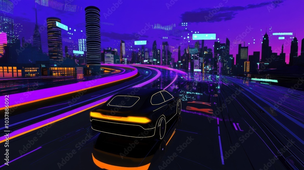 Poster ai-driven car on a futuristic road, with interactive floating displays showing route tracking, speed