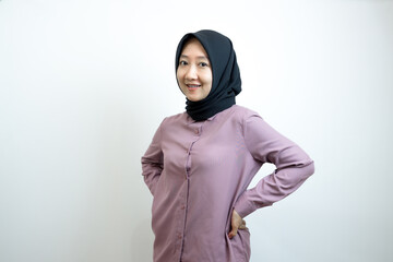 Young Asian, Indonesian woman wearing purple shirt and black headscarf smiling, cheerful, confident, successful, businesswoman, corporate lawyer, working in office. Isolated on white background