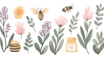 Watercolor Floral Bee Illustration  Honey Jar  Botanical Elements  Hand Painted  Nature  C