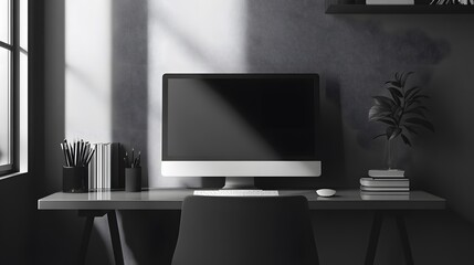 20. Monochrome desk setup with minimal accessories and a sleek chair
