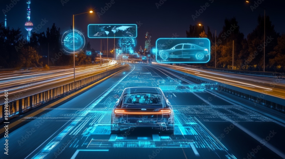 Poster an advanced autonomous car moving along a smart road at night, with floating holograms displaying ai
